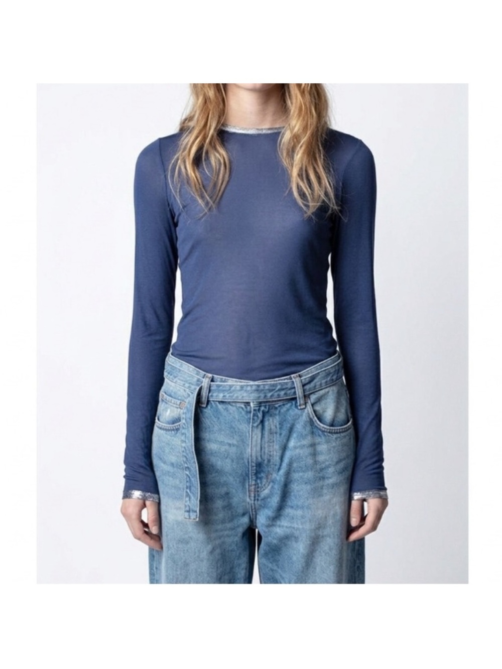 Zadig & Voltaire Willy Foil Longsleeve Knit Shirt Size Large New Blue Silver